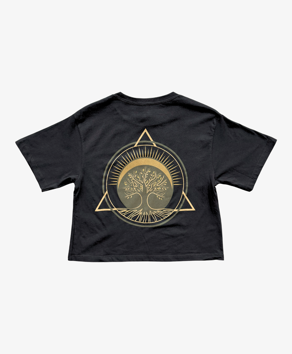 Black Tree of Life boxy tee, back view, with the full-colour Tree of Life symbol in gold and green