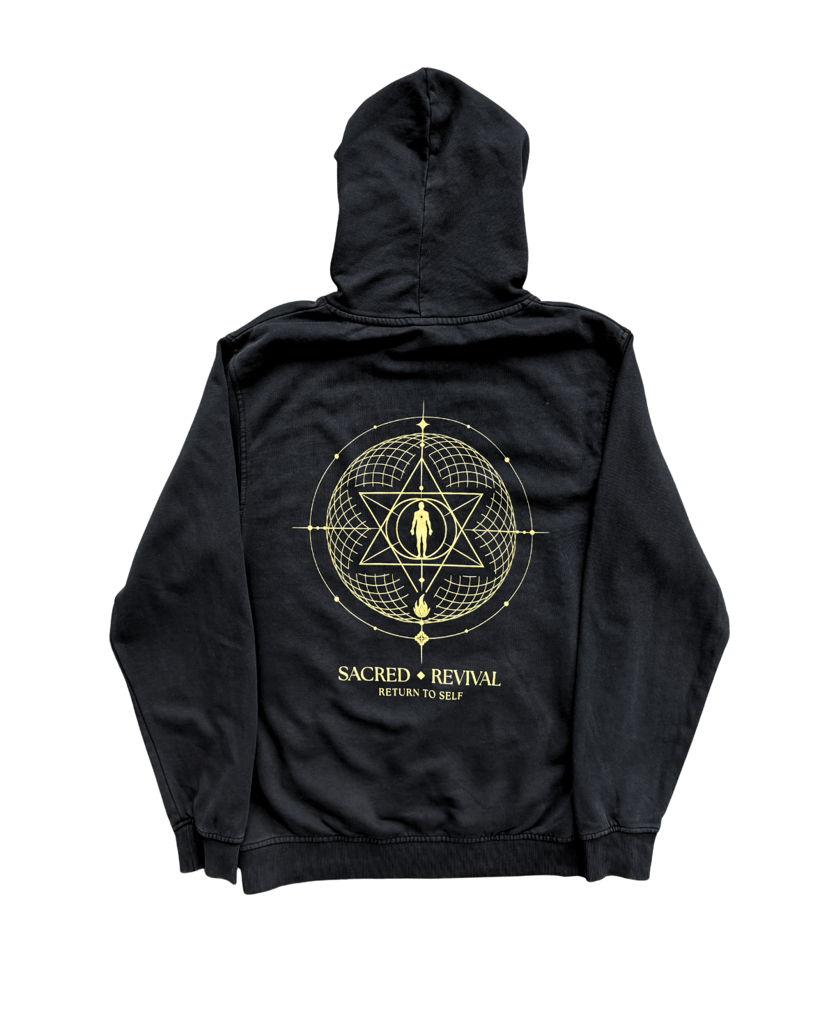 Black Return to Self hoodie, back view, with the gold geometric symbol above the Sacred Revival wordmark