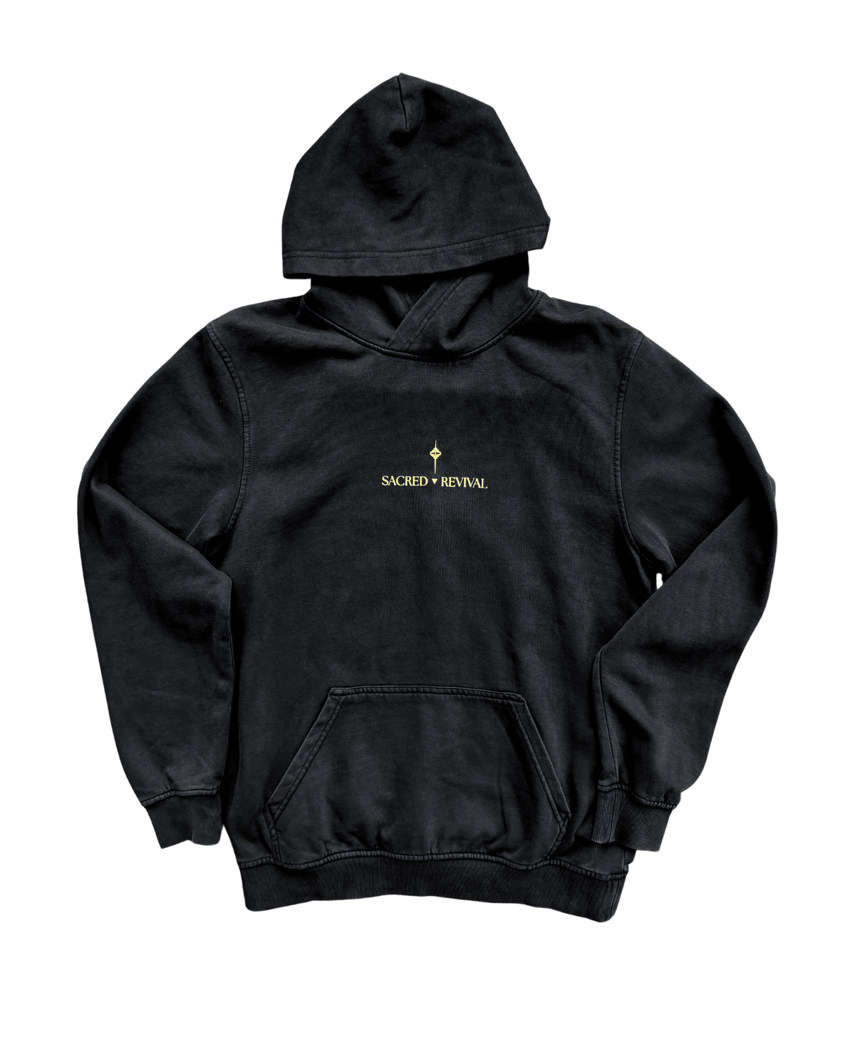Black Return to Self hoodie, front view, with the Sacred Revival wordmark in gold on the chest