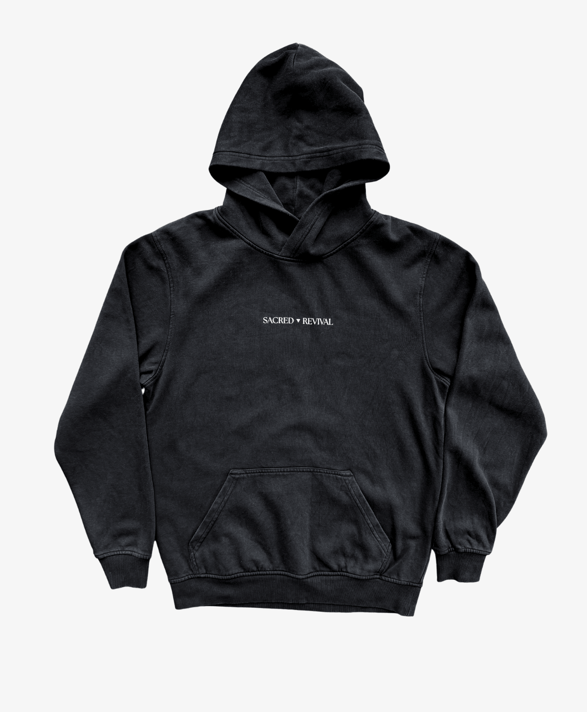 Black Tree of Life hoodie, front view, with the Sacred Revival wordmark on the chest