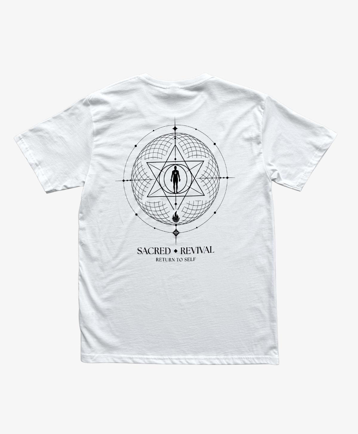 White Return to Self tee, back view, with the black geometric symbol above the Sacred Revival wordmark