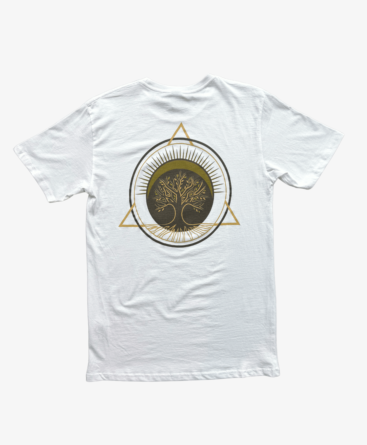 White Tree of Life tee, back view, with the full-colour Tree of Life symbol in gold and green
