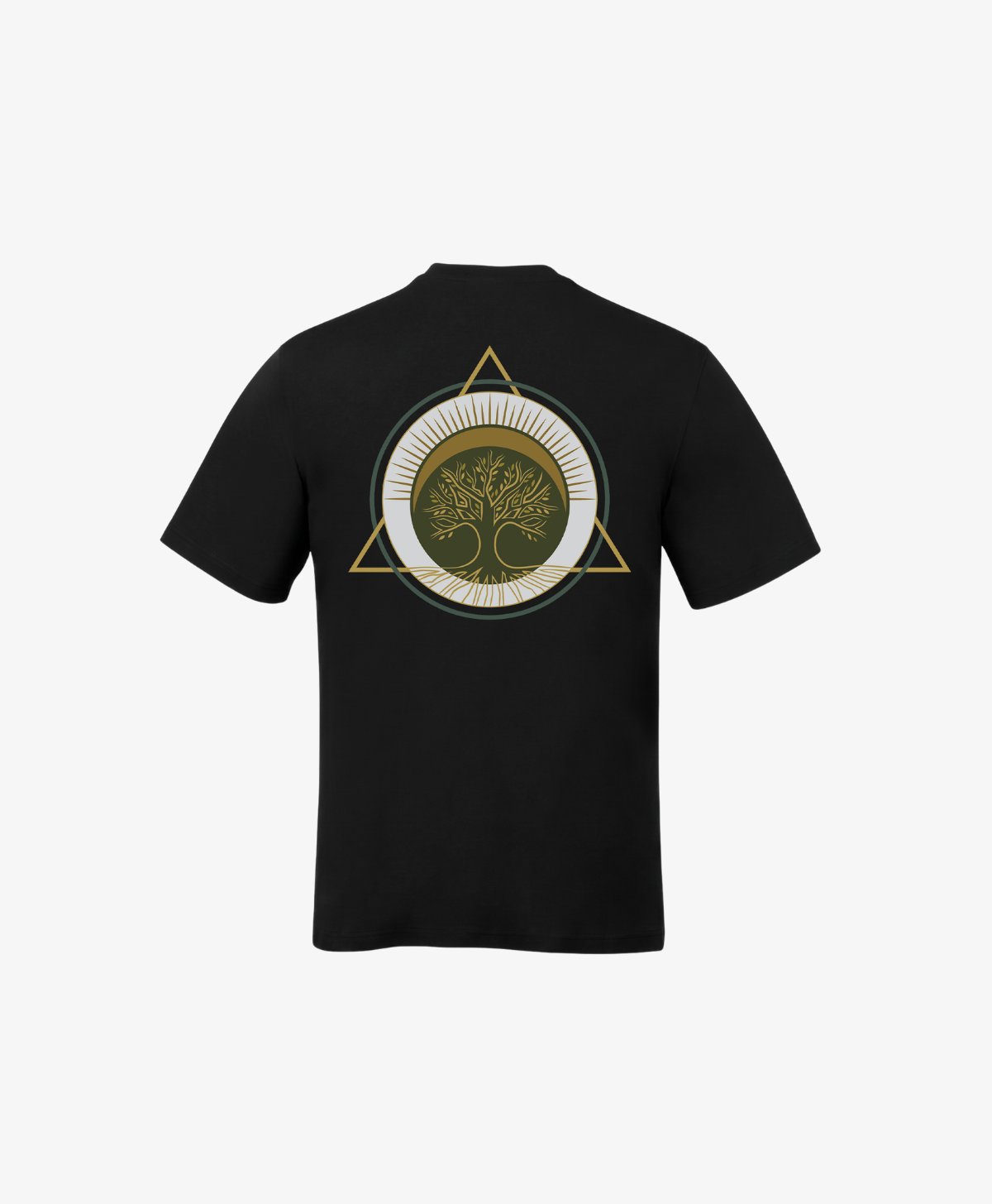 Black Tree of Life youth tee, back view, with the full-colour Tree of Life symbol in gold and green