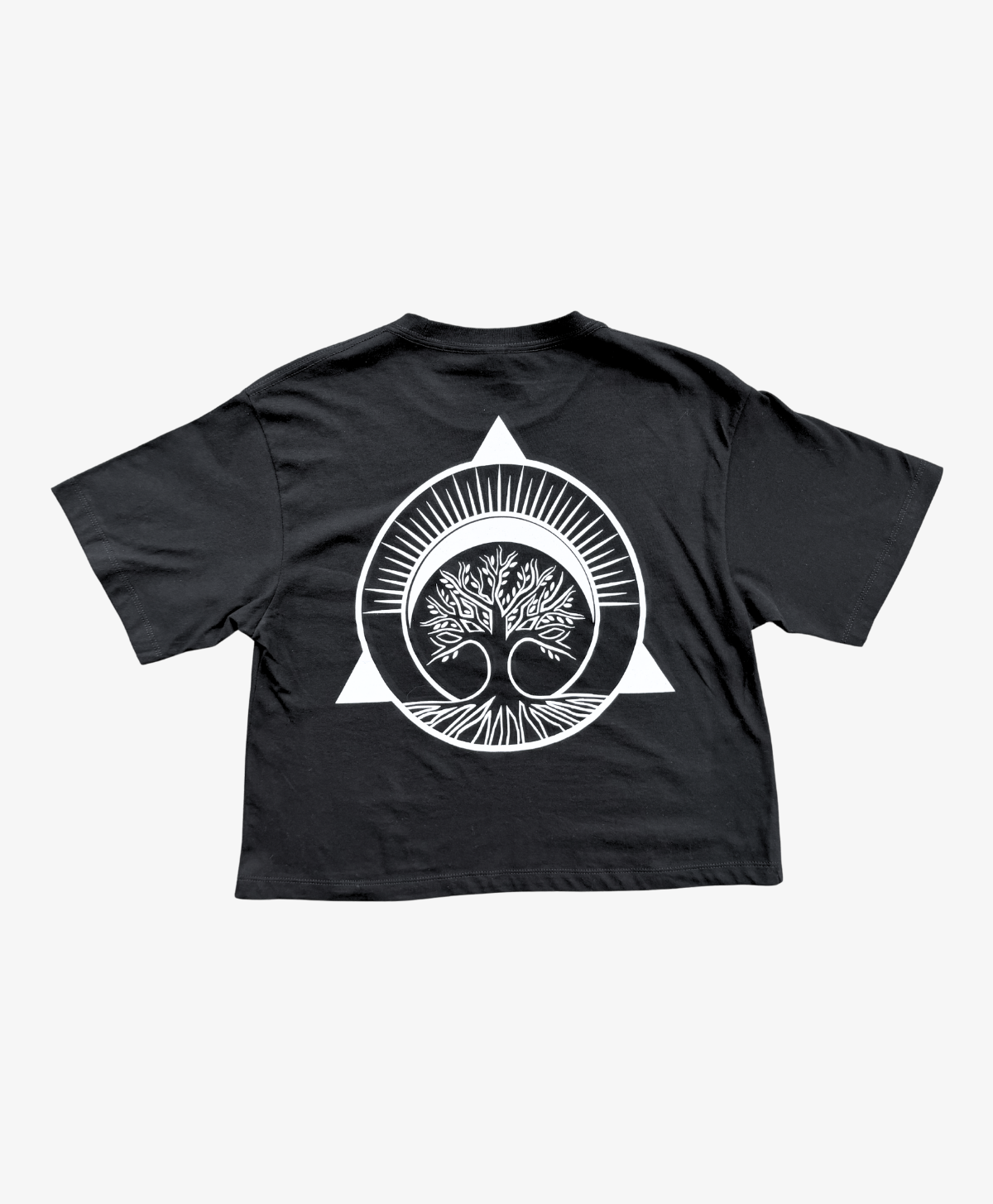 Black Tree of Life boxy tee, back view, with the white Tree of Life symbol in a circle and triangle