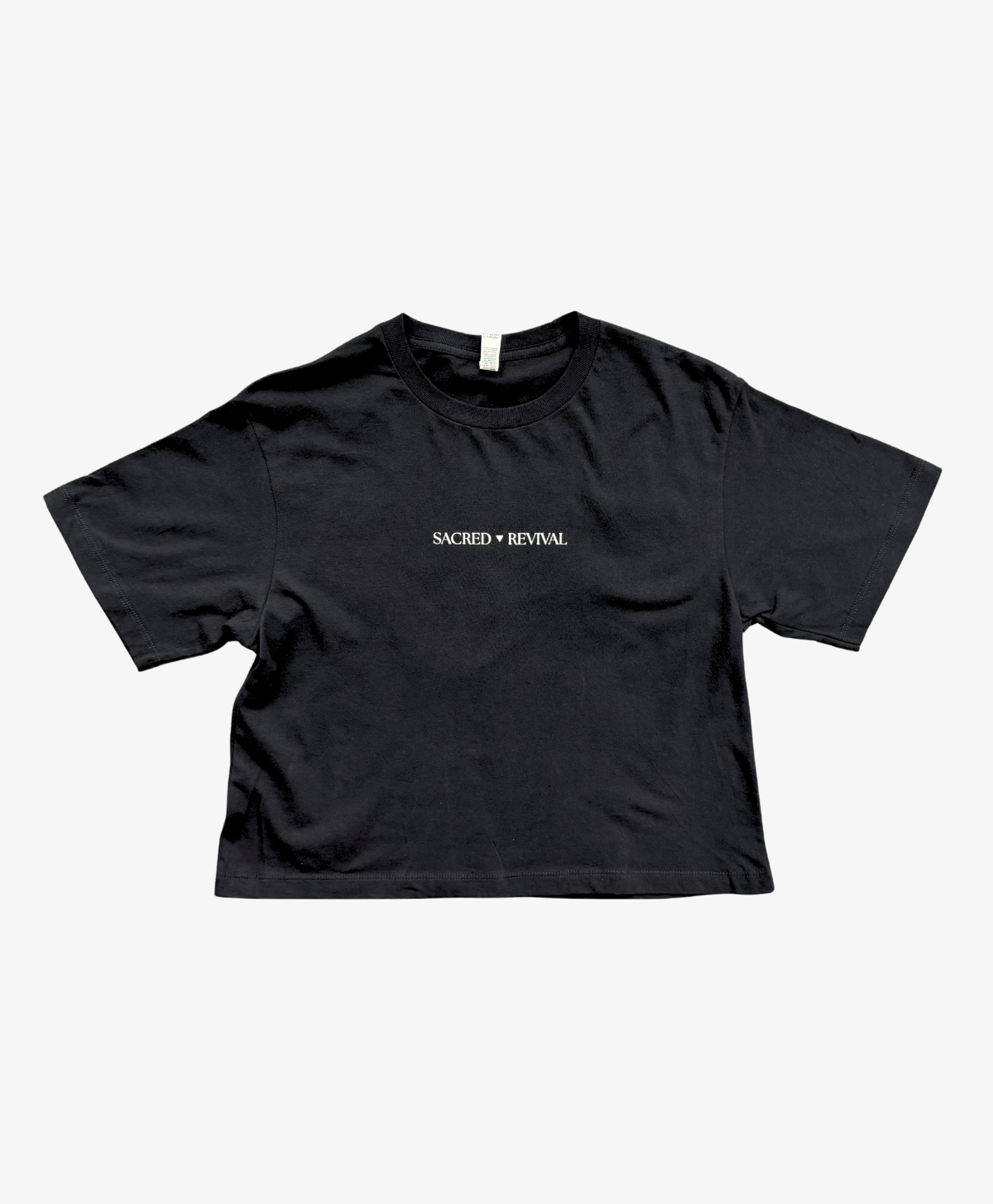 Black Tree of Life boxy tee, front view, with the Sacred Revival wordmark on the chest