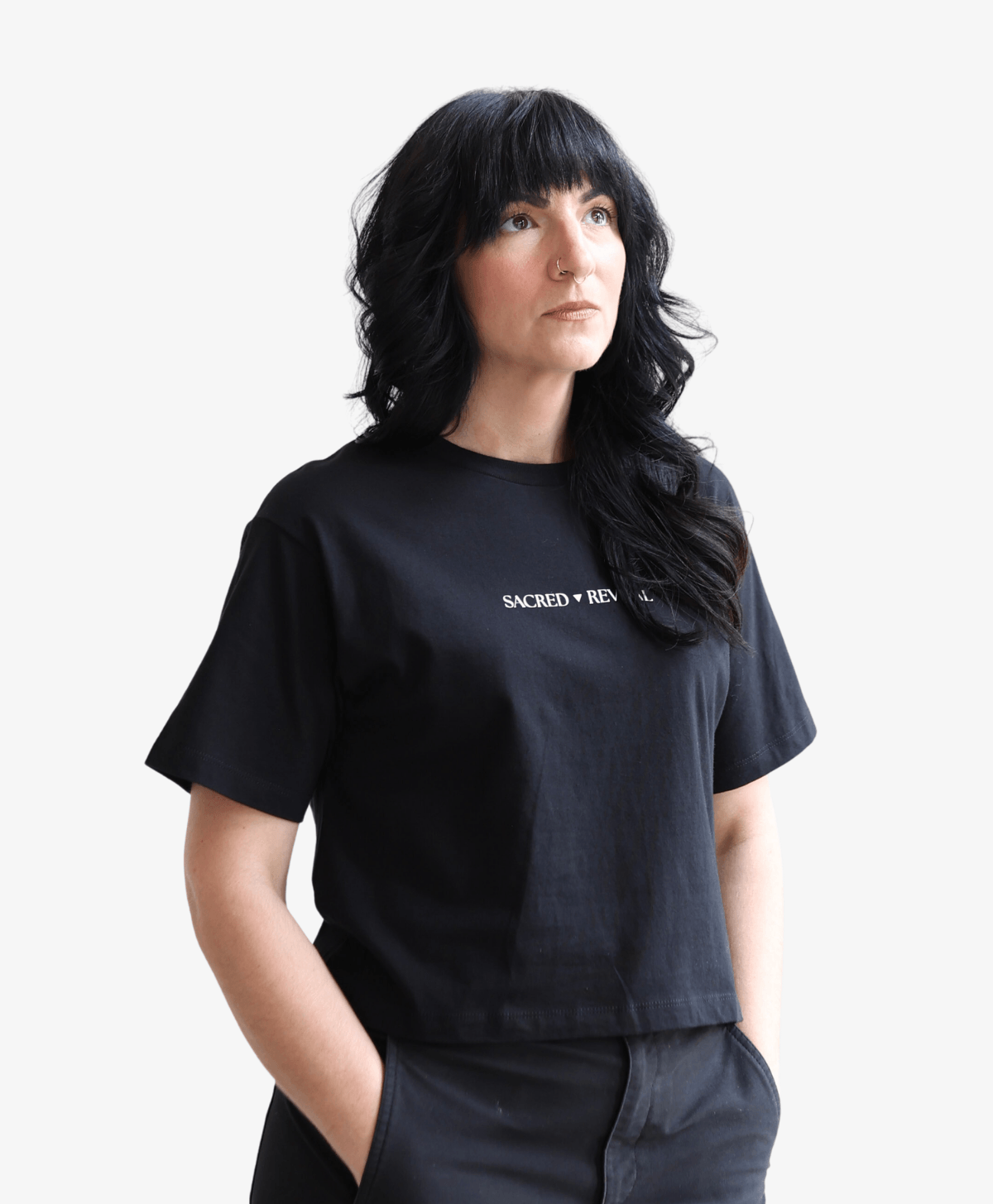 Woman wearing the black Tree of Life boxy tee, front view