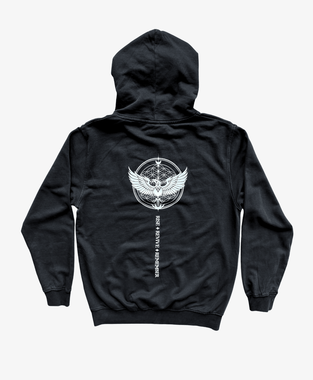 Black Phoenix Rising hoodie, back view, with the white winged phoenix symbol