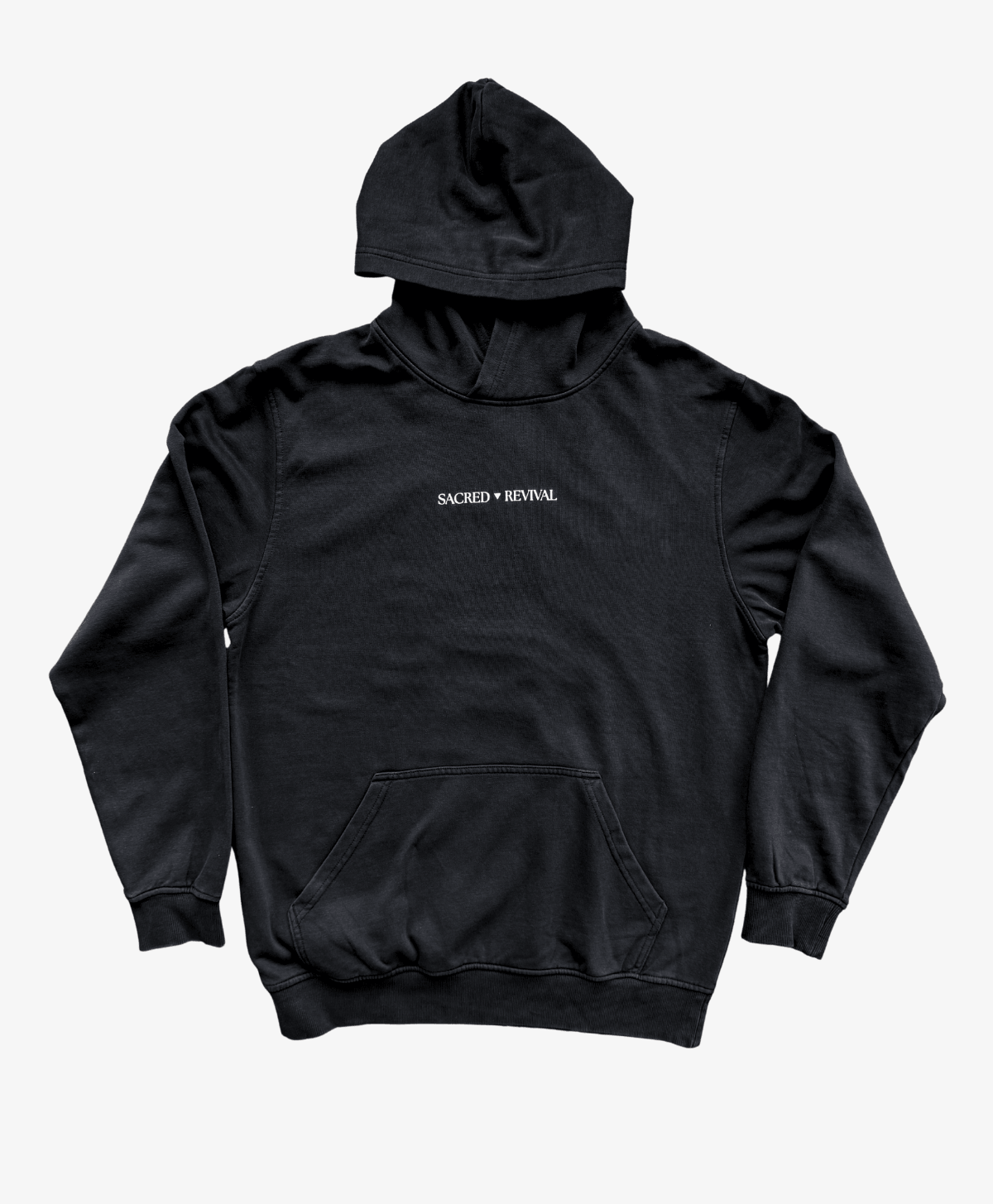 Black Phoenix Rising hoodie, front view, with the Sacred Revival wordmark on the chest
