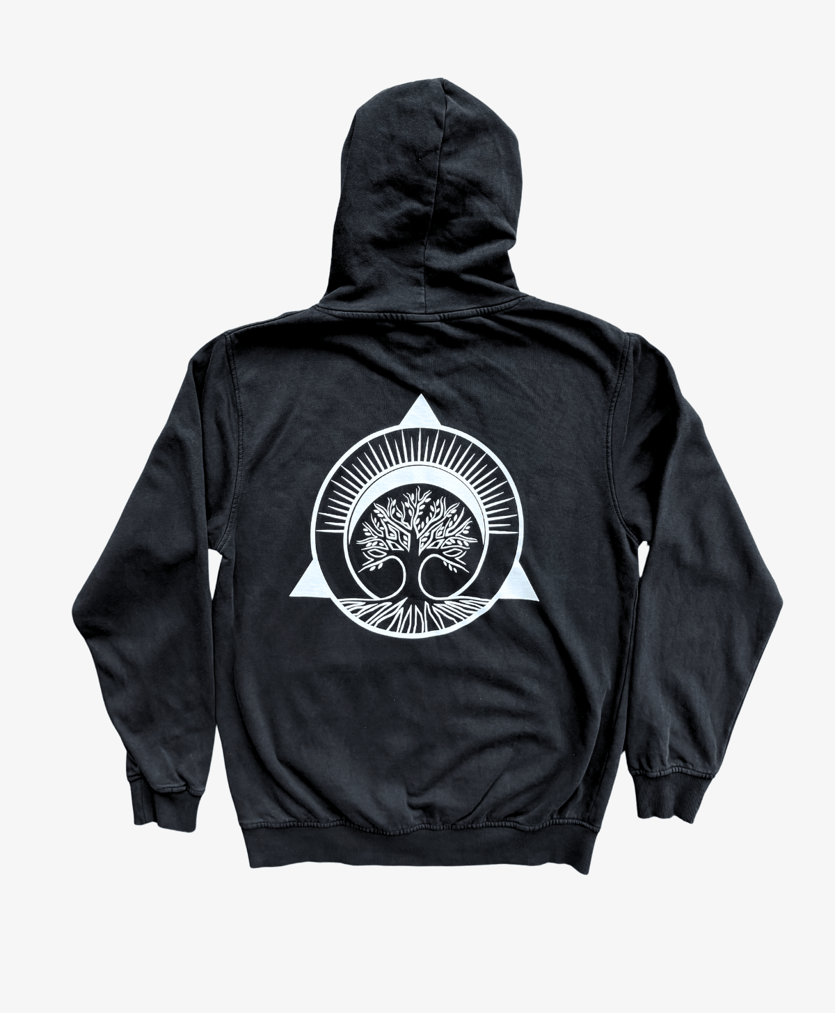 Black Tree of Life hoodie, back view, with the white Tree of Life symbol in a circle and triangle