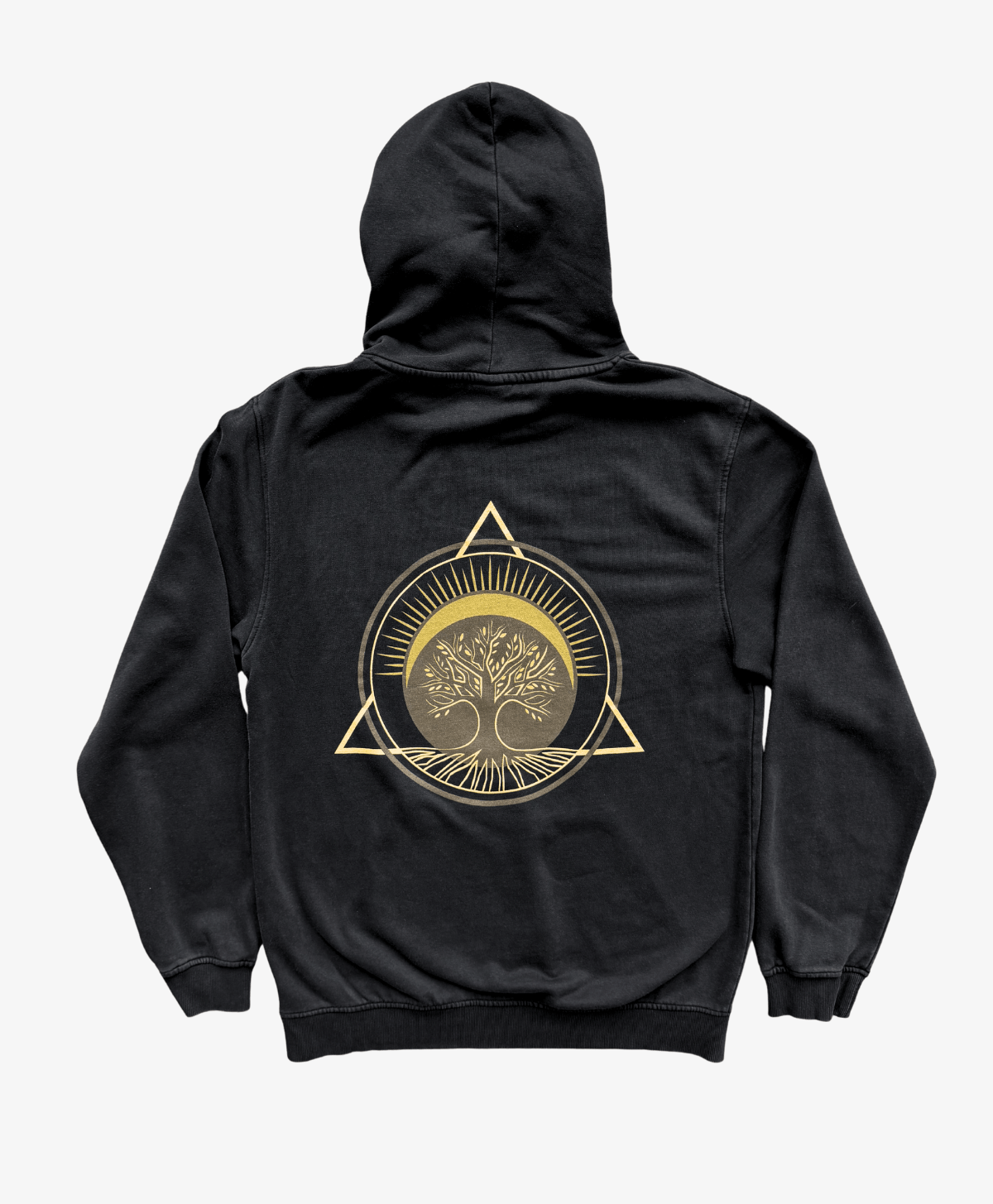 Black Tree of Life vintage hoodie, back view, with the full-colour Tree of Life symbol in gold