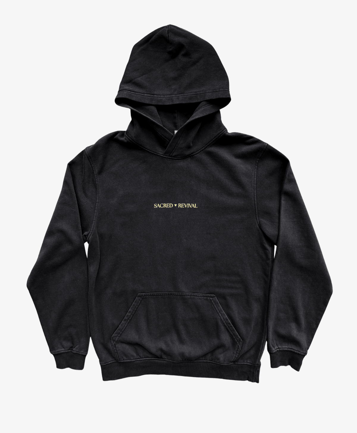 Black Tree of Life vintage hoodie, front view, with the Sacred Revival wordmark in gold on the chest