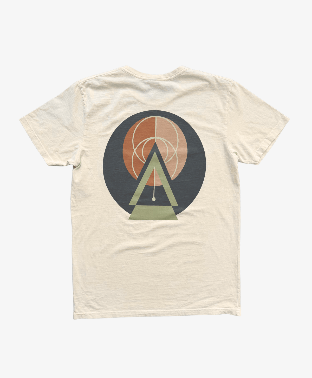 Cream Balanced tee, back view, with the Balanced symbol in rust, green and charcoal