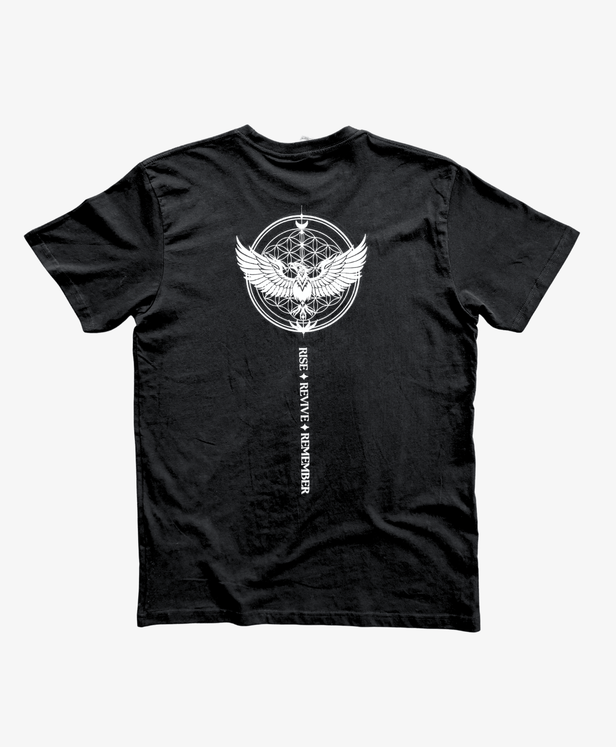Black Phoenix Rising tee, back view, with the white winged phoenix symbol