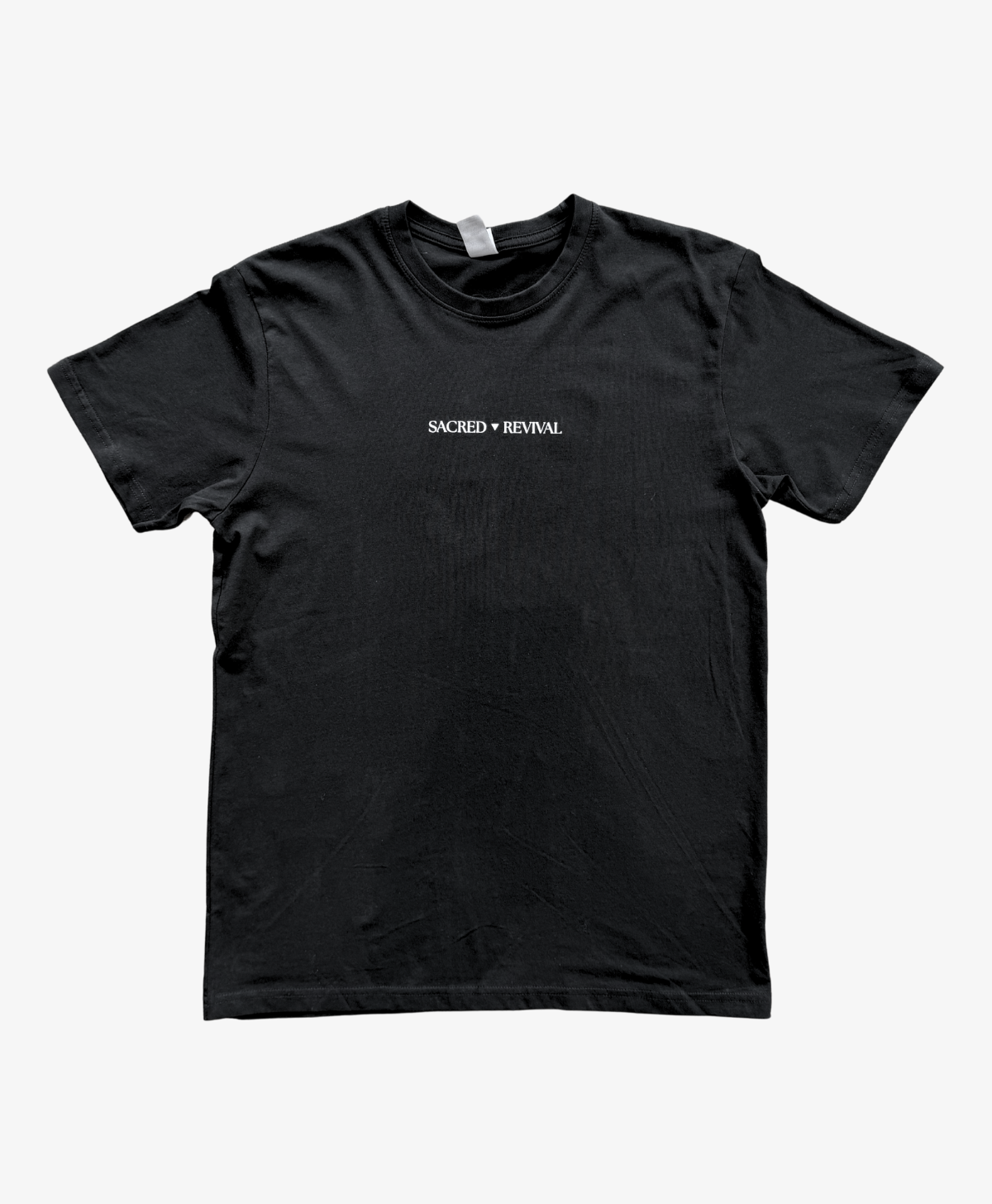 Black Phoenix Rising tee, front view, with the Sacred Revival wordmark on the chest