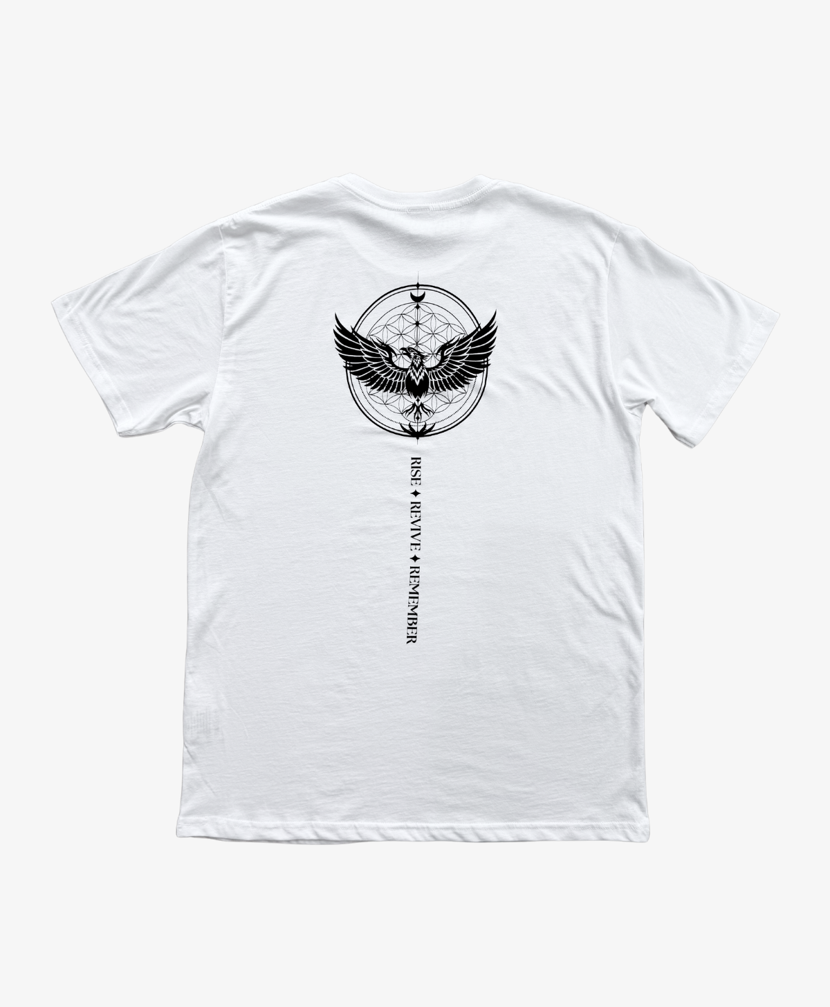 White Phoenix Rising tee, back view, with the black winged phoenix symbol