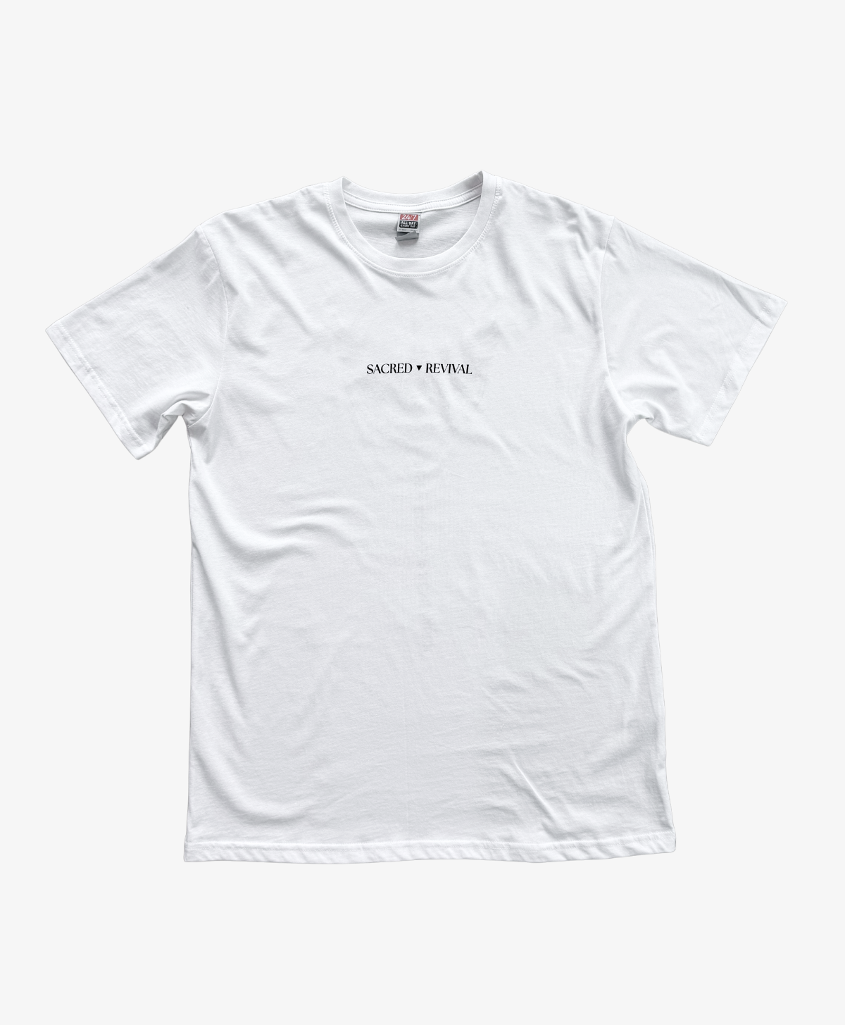 White Phoenix Rising tee, front view, with the Sacred Revival wordmark on the chest