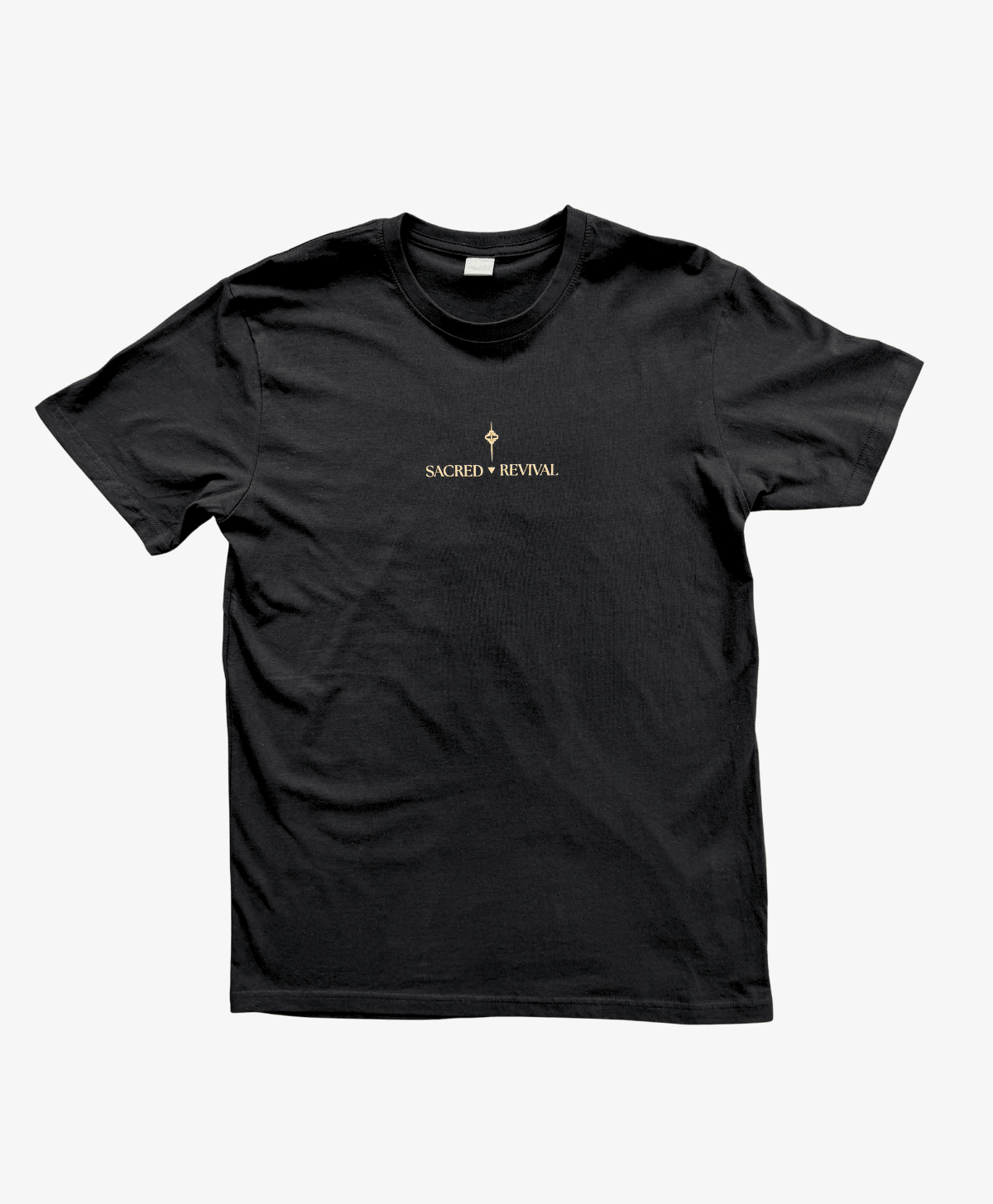 Black Return to Self tee, front view, with the Sacred Revival wordmark in gold on the chest
