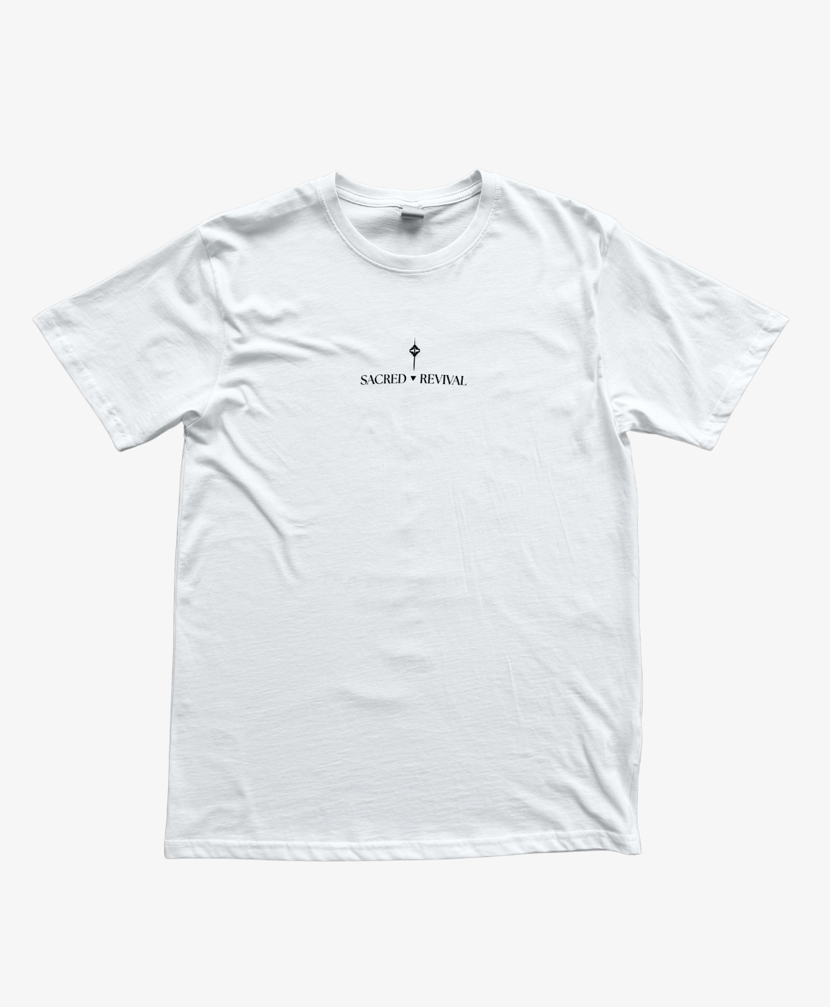White Return to Self tee, front view, with the Sacred Revival wordmark on the chest