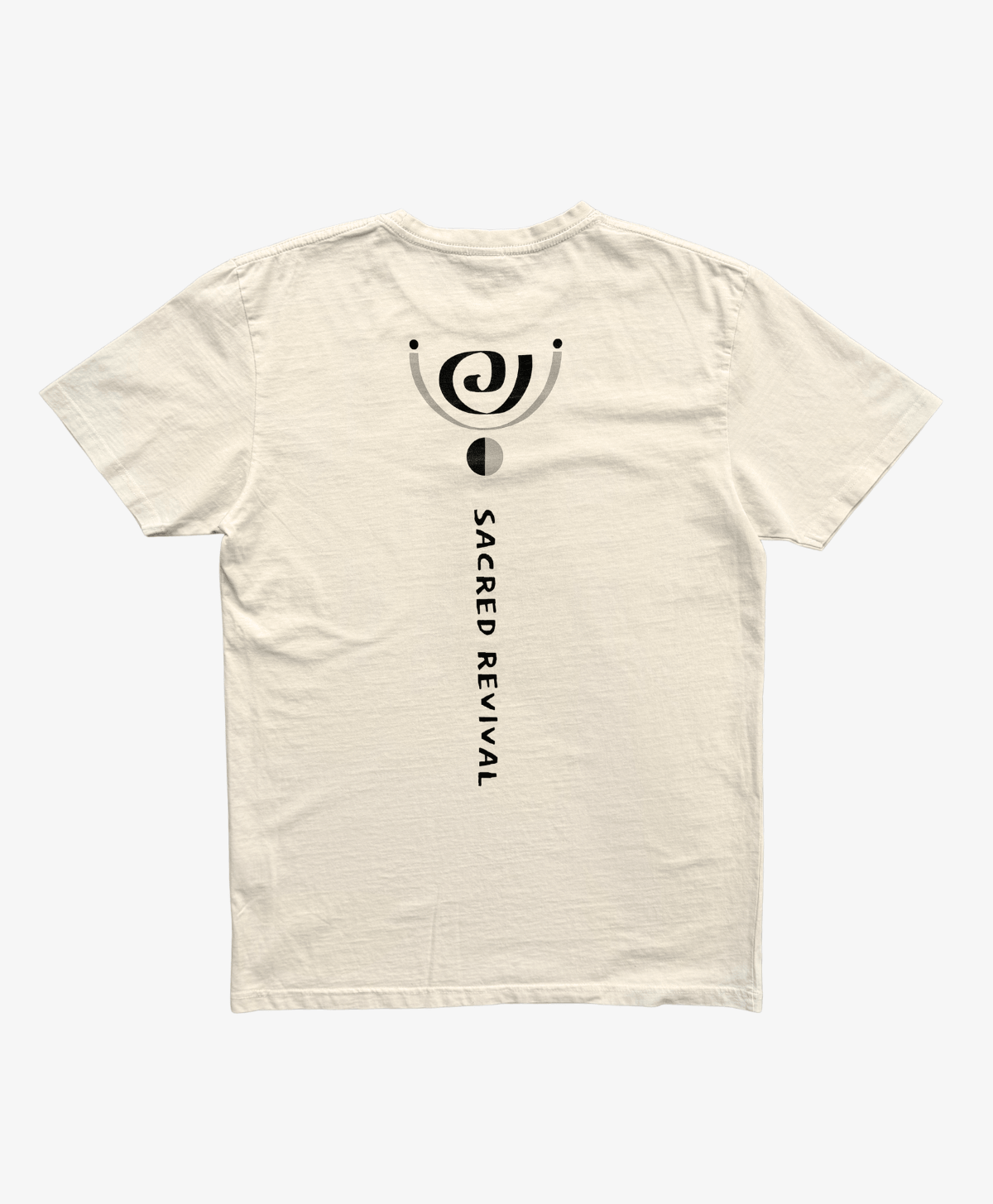 Cream Spiral tee, back view, with the spiral symbol above a vertical Sacred Revival wordmark