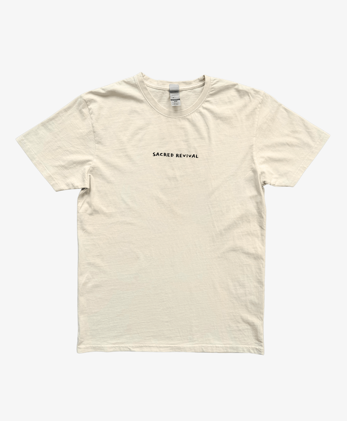 Cream Spiral tee, front view, with the Sacred Revival wordmark on the chest
