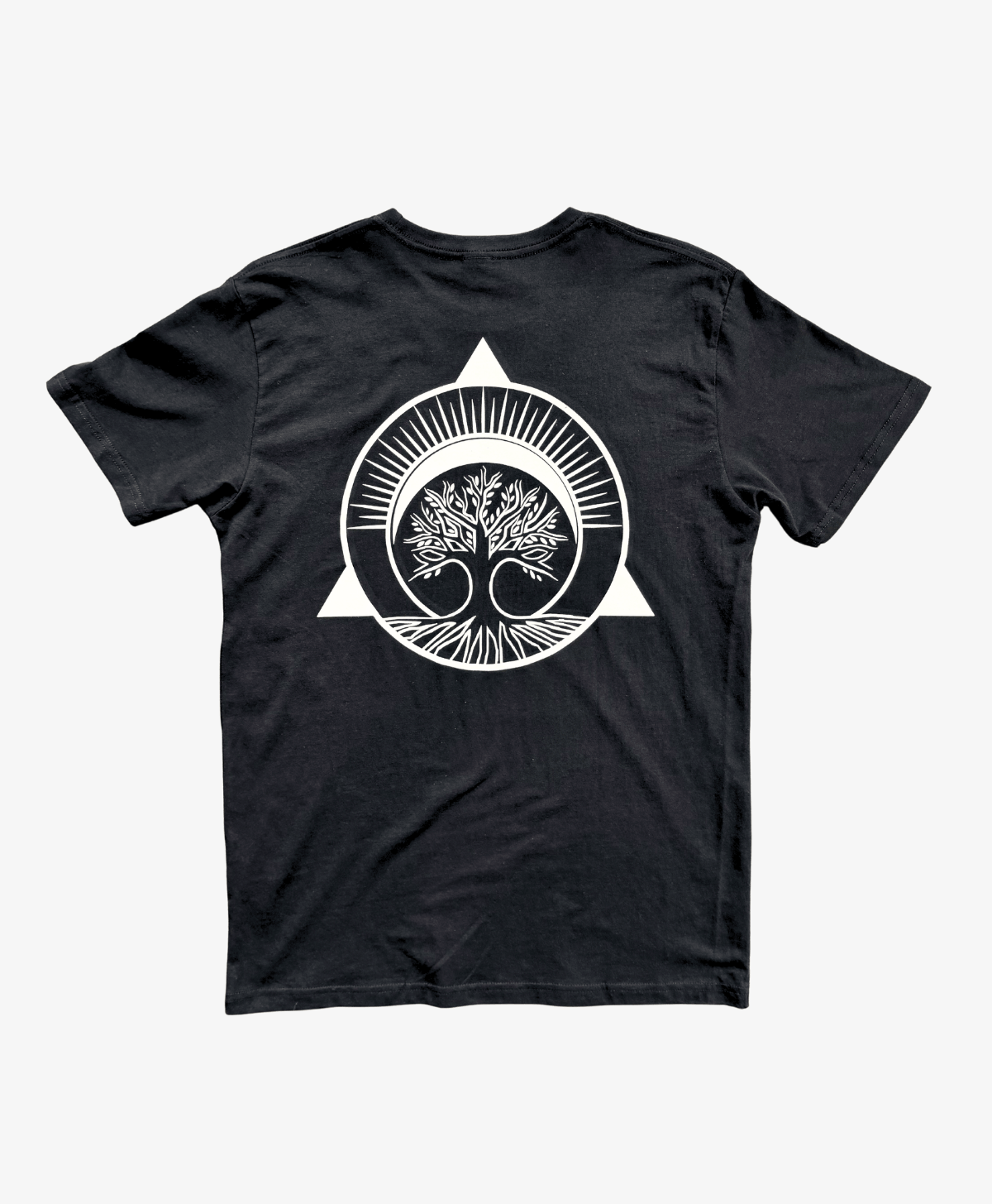 Black Tree of Life tee, back view, with the white Tree of Life symbol in a circle and triangle