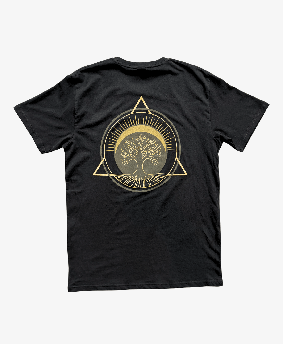 Black Tree of Life tee, back view, with the full-colour Tree of Life symbol in gold