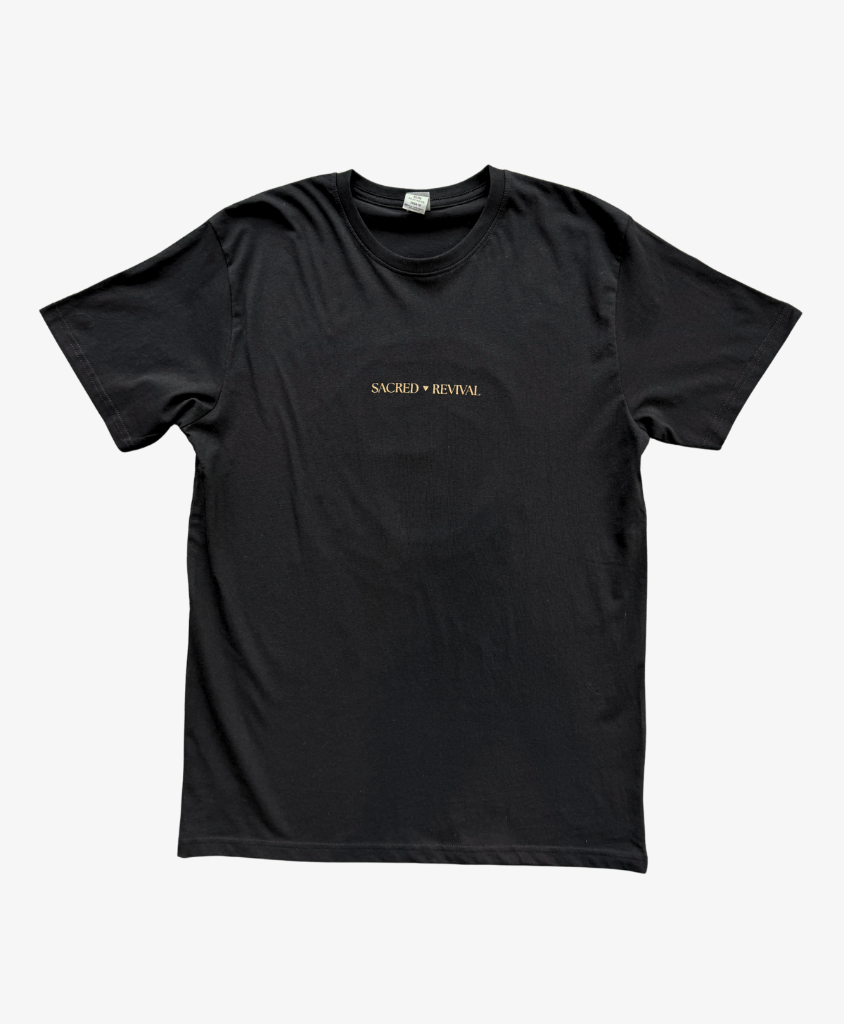 Black Tree of Life tee, front view, with the Sacred Revival wordmark in gold on the chest