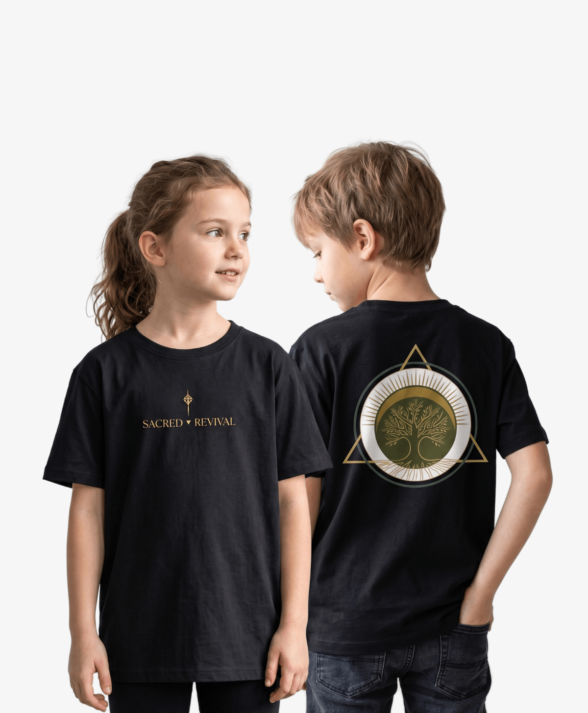 Two children wearing the black Tree of Life youth tee, one showing the front wordmark and one the full-colour symbol on the back